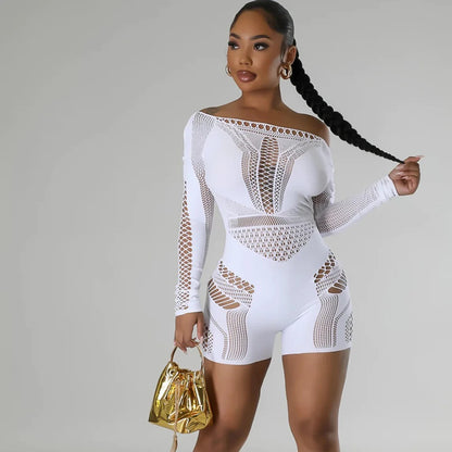 2026 Latest Design Woman Playsuits See Through Mesh Hollow Out Knit Rompers Sexy Clubwear Women's One Piece Bodysuits Jumpsuit