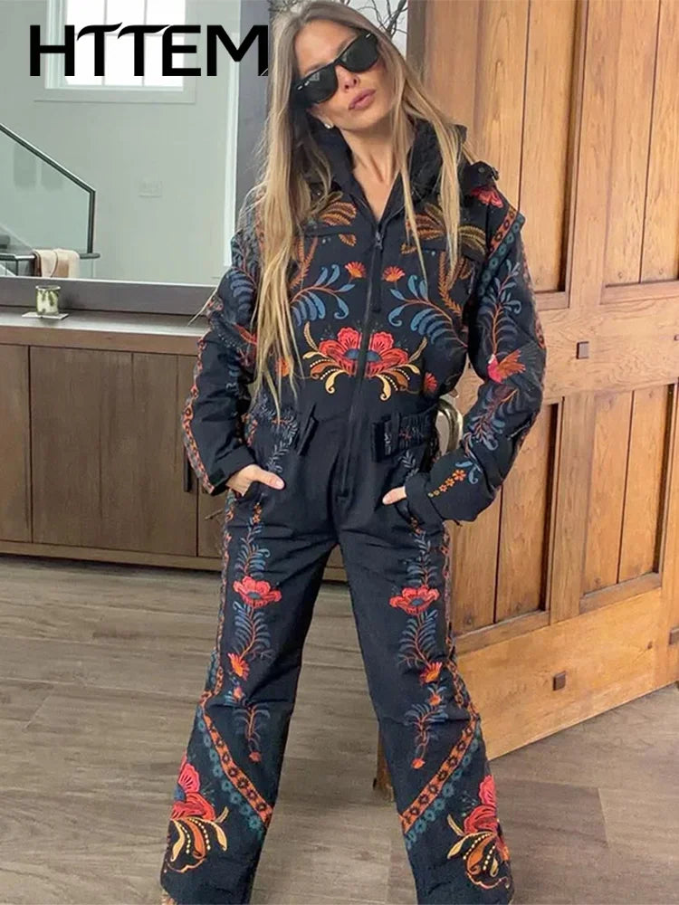 Printed Women's Ski Jumpsuits Warm Full Sleeve Zippers Stand Collar Pocket Lady Rompers 2026 Autumn Winter Female SkiWear New