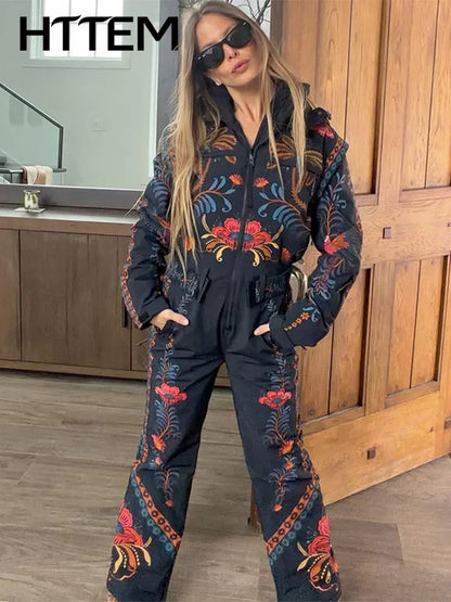 Printed Women's Ski Jumpsuits Warm Full Sleeve Zippers Stand Collar Pocket Lady Rompers 2026 Autumn Winter Female SkiWear New