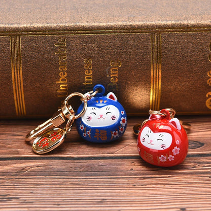 New Japanese Cute Lucky Cat Bell KeyChains Car Bag Decor Water Sound Bell Pendant Charm Keys Couple Gifts Keyring Pray Keyfob