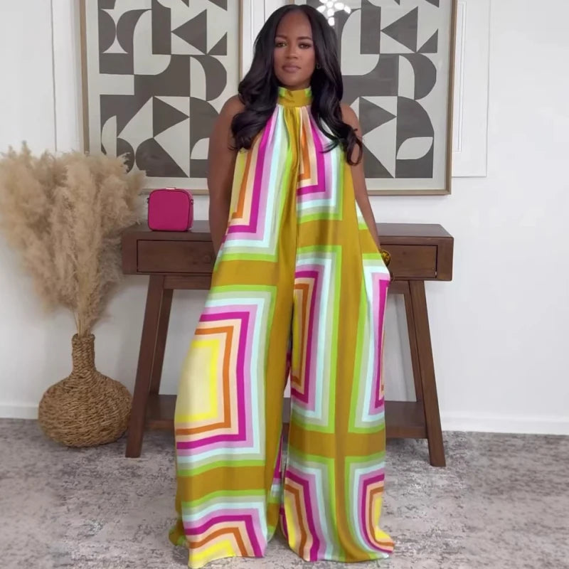 New Design African Fashion Women Jumpsuit Summer Geometric Printed Halter Sleeveless Wide Leg Jumpsuits Oufits Streetwear