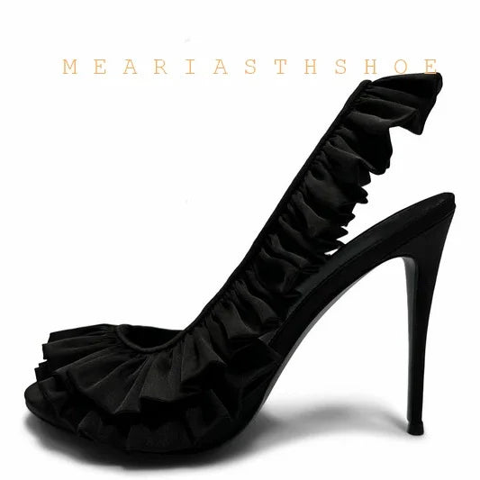 Solid Satin Ruffles Stiletto Sandals Women Elegant Back Strap Sweet Party Flower Shoes Ladies Open Toe Leopard Evening Sandals