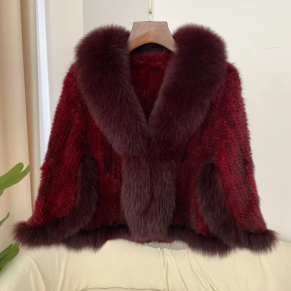 Real Mink Fur coat Women Autumn Winter Shawl Fashion Knitted Genuine Mink Fur jacket Cape Scarf Natural Fox Fur Collar Cloak