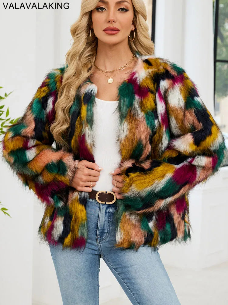 2026 Autumn Winter Color Print Faux Fur Coat Women Casual Long Sleeve Fluffy Plush Jacket O Neck Thick Fake Fur Warm Outwear