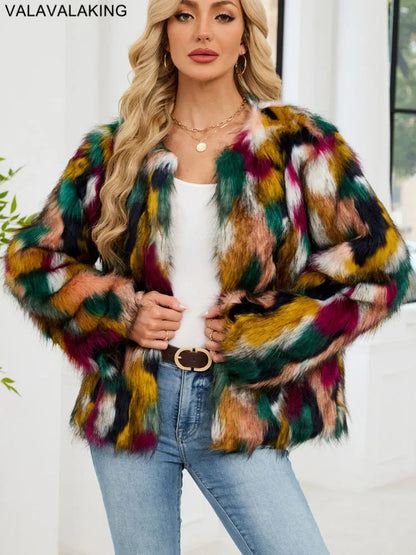 2026 Autumn Winter Color Print Faux Fur Coat Women Casual Long Sleeve Fluffy Plush Jacket O Neck Thick Fake Fur Warm Outwear