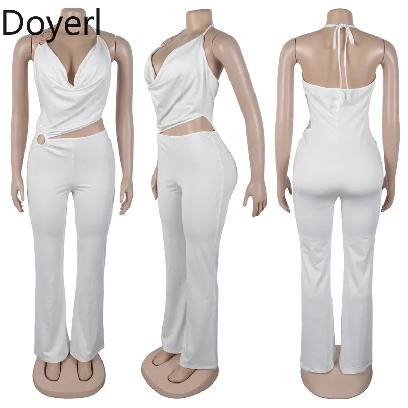 Doyerl Halter V-neck Backless One Piece Jumpsuit Women Sexy Hollow Out Sleeveless Night Club Outfits Birthday Rompers Overalls