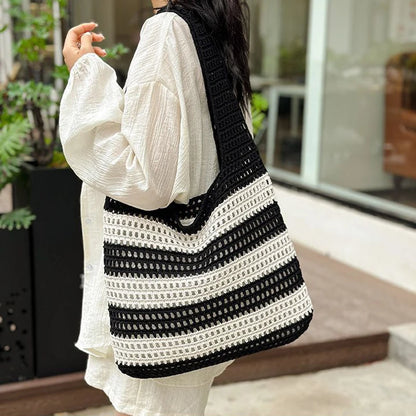 Wool Plush Woven Women Shoulder Bags Ladies Stripe Designer Knitted Braid Handbags Tote Summer Beach Shopper Purses