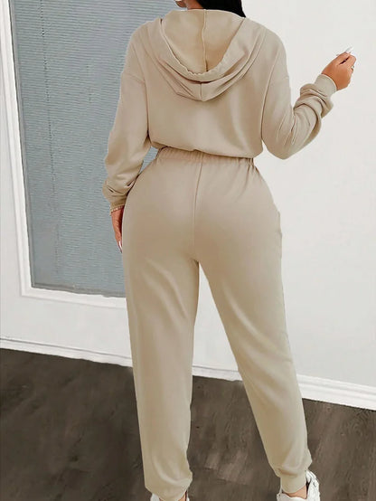 2024 Autumn And Winter New Women's Fashion Solid Color Drawstring Zipper Hooded Jumpsuit Casual Matching