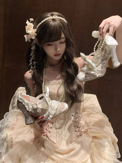 Sweet Lolita Women High Heels Luxury Designer Court Style Velour Bowknot Princess Dress Shoes Elegant