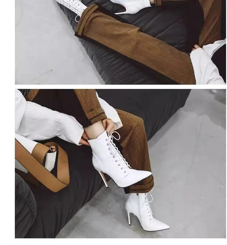12CM Stiletto Heels Botas Mujer Fashion Pointed Lace-up Ankle Boots Roman Ladies Shoes Autumn Winter Women Emboss Short Booties