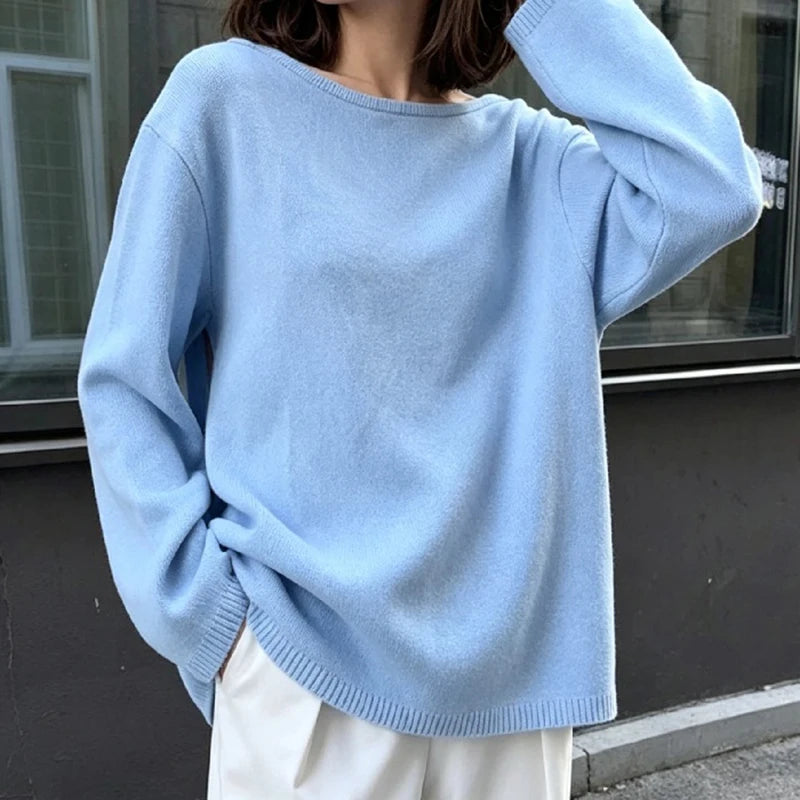 Casual Knitted Sweater Round Neck Open Back Long Sleeves Loose Pullover 2026 Autumn Fashion Daily Versatile Cardigan Top Outfit