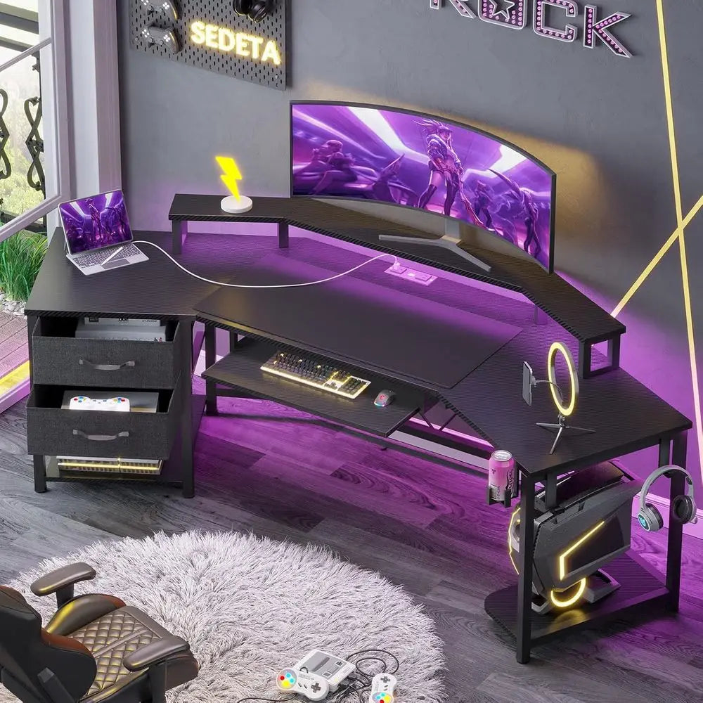 79" Gaming Desk, Computer Desk with 2 abric Ders & LED Light, L Shaped Gaming Desk with Storage Shel or Home Oice, Carbon iber B
