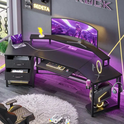 79" Gaming Desk, Computer Desk with 2 abric Ders & LED Light, L Shaped Gaming Desk with Storage Shel or Home Oice, Carbon iber B