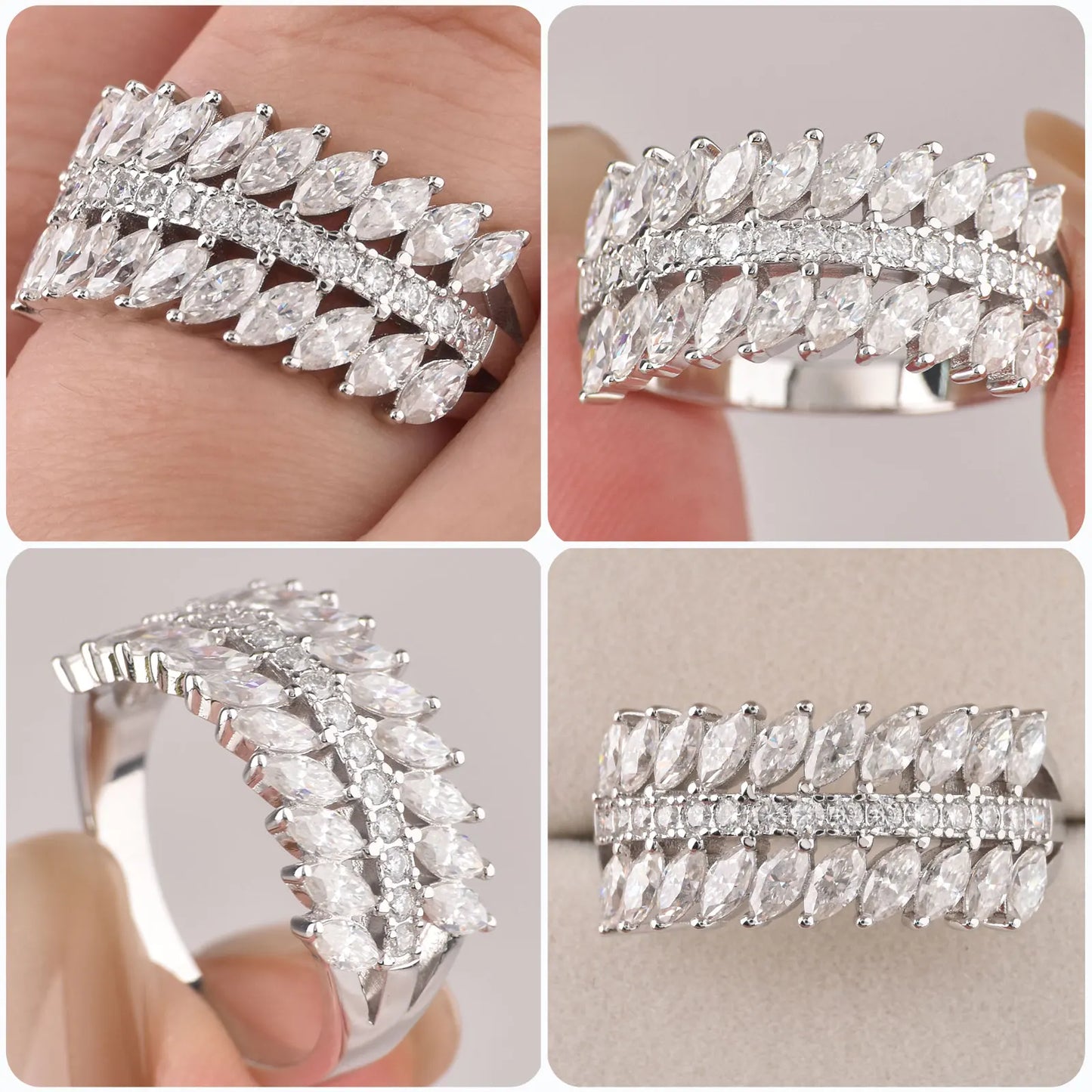 Newshe 925 Silver Marquise Moissanite Multi-Row Statement Rings for Women Bridal Elegant Wedding Engagement Band Luxury Jewelry