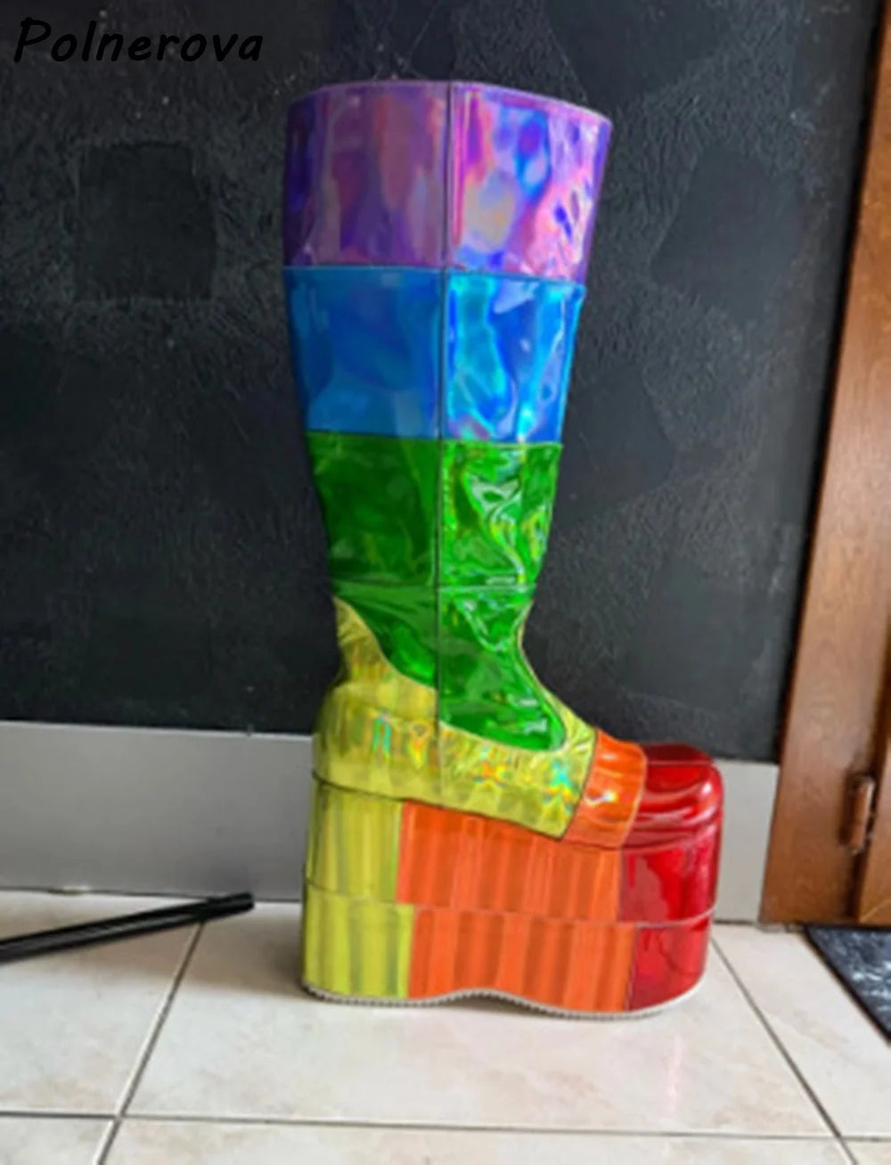 Double Platform Knee High Boots Rainbow Patchwork Round Toe Thick Soled Women's Shoes Women's Fashion Sexy Leather Winter Boots