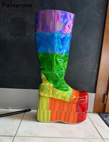 Double Platform Knee High Boots Rainbow Patchwork Round Toe Thick Soled Women's Shoes Women's Fashion Sexy Leather Winter Boots