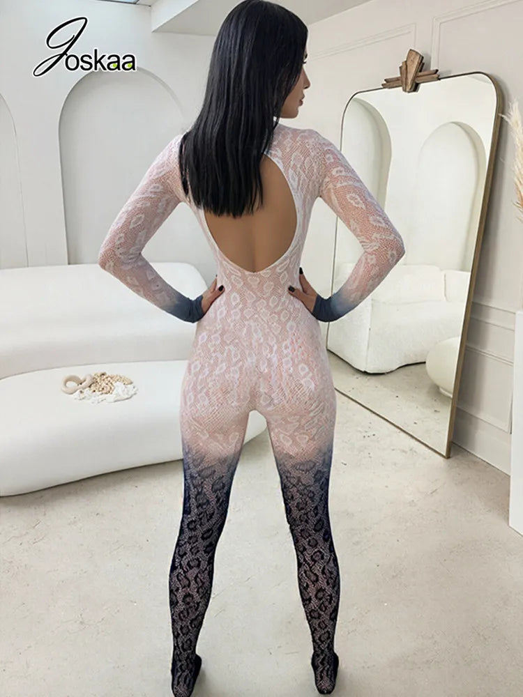Joskaa Sexy Lace Backless Gradient Foot Jumpsuit Women Hipster O-Neck Full Sleeve Skinny Rompers Coquette Midnight Clubwear