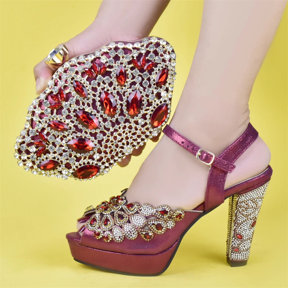 Fashion Italian Shoe and Bag Set for Party In Women Afrcan Party Shoes with Bag Set with Rhinetsone Luxury Shoes Women Designers