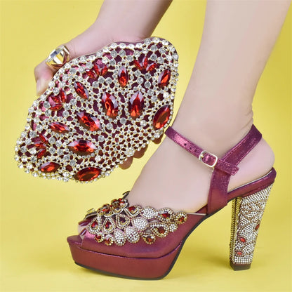 Fashion Italian Shoe and Bag Set for Party In Women Afrcan Party Shoes with Bag Set with Rhinetsone Luxury Shoes Women Designers