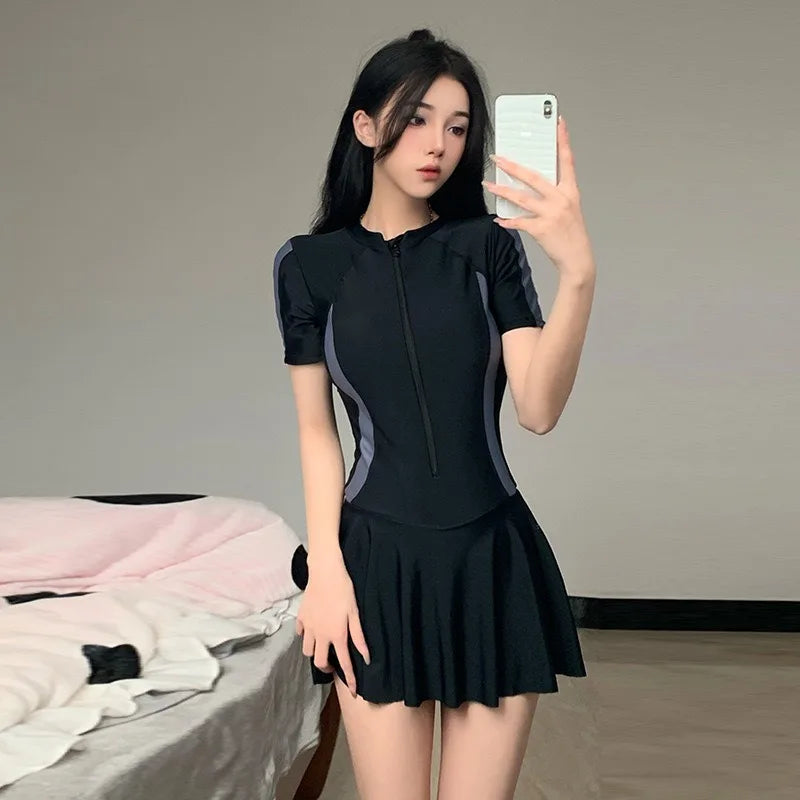 Women One-piece Swimsuit Korean Fashion Sports Swimwear Slim Short-sleeved Skirt Bathing Suit Beach Wear Swimming Suit for Women
