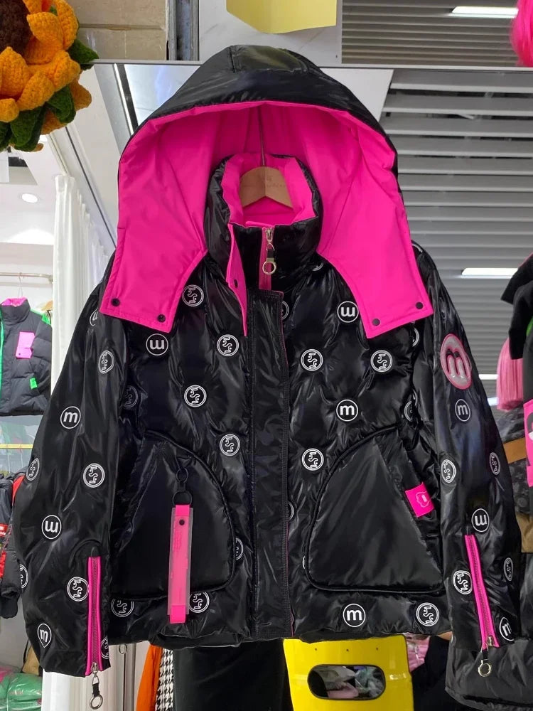 Bright Printed Down Jacket Fashion Hooded Color Block Short Jackets Winter Wash Free Loose Thick 90 White Duck Puffer Coat Women