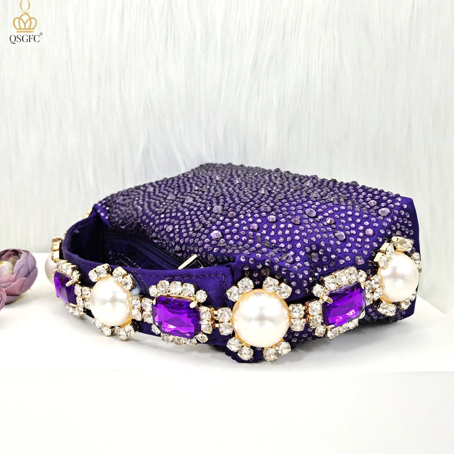 QSGFC 2026 New Fashion Purple Sandals Sequins Rhinestone Point Toe High Heels Slingback Women's Dress Women's Shoes & Bag Set