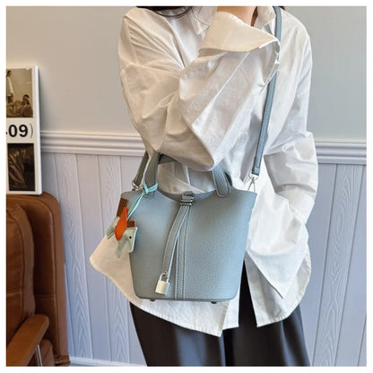 Fashion Vegetable Basket Bucket Bag Women's Autumn New Lychee Pattern Shoulder Bag Simple Solid Color Niche Messenger Bag