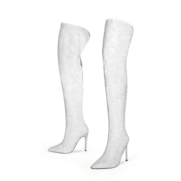 Silver Black Rhinestone 12cm High Heel Long Boots New Fashion Show Shiny Diamond Pointed Women's Over The Knee Boots Size 34-46