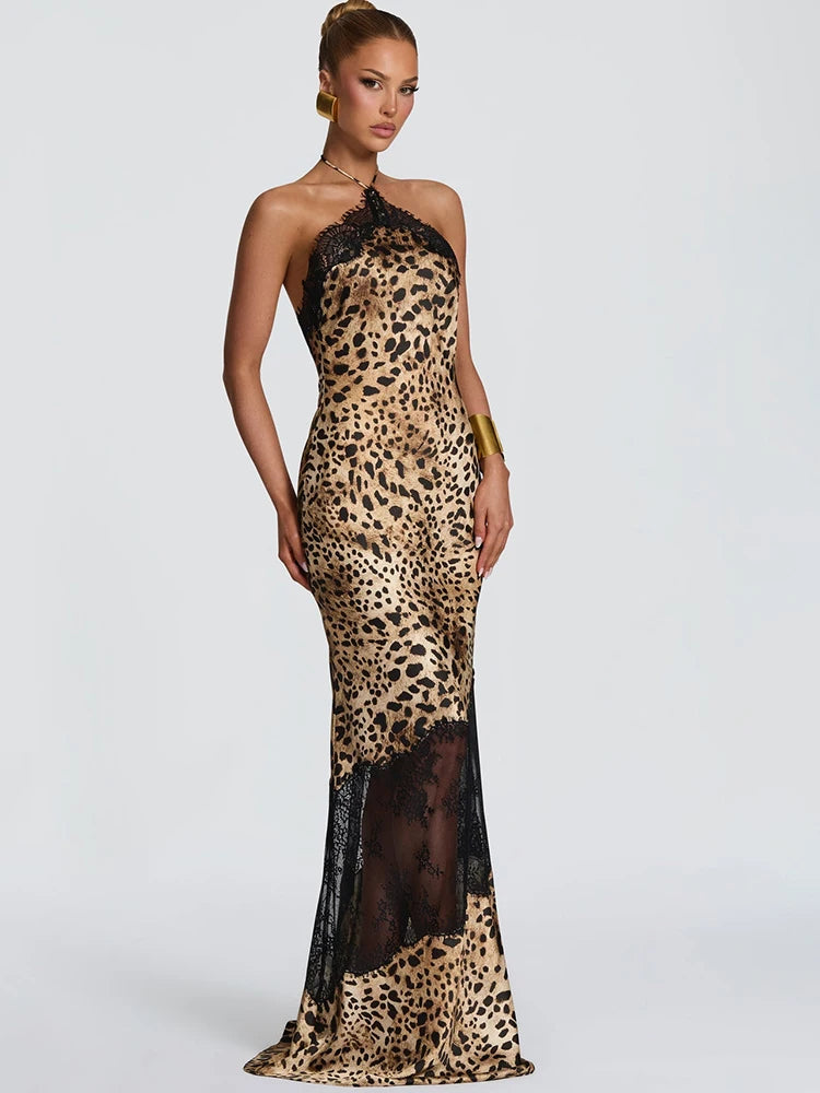 JULISSA MO Leopard Print Patchwork Sheer Lace Halter Women Maxi Dress Backless High Waist Dress Slim Elegant Party Evening Dress