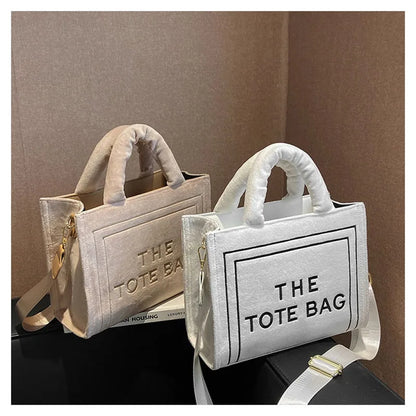 Women's Khaki Velour Tote Bag Original Letter Print Medium Ladies Shopper Handbag Female Square Medium Shoulder Bags
