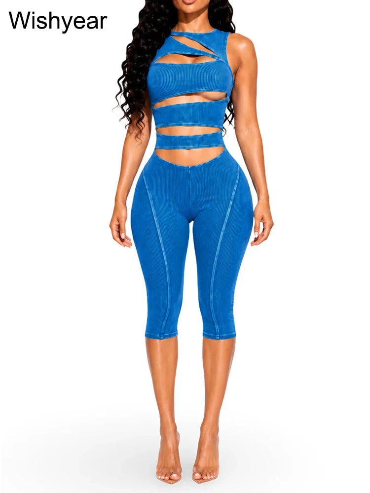 Women Ribbed Sleeveless Cutout One Pieces Jumpsuit Crisscross Hollow High Waist Capri Skinny Pant Rompers Summer Nightclub Party