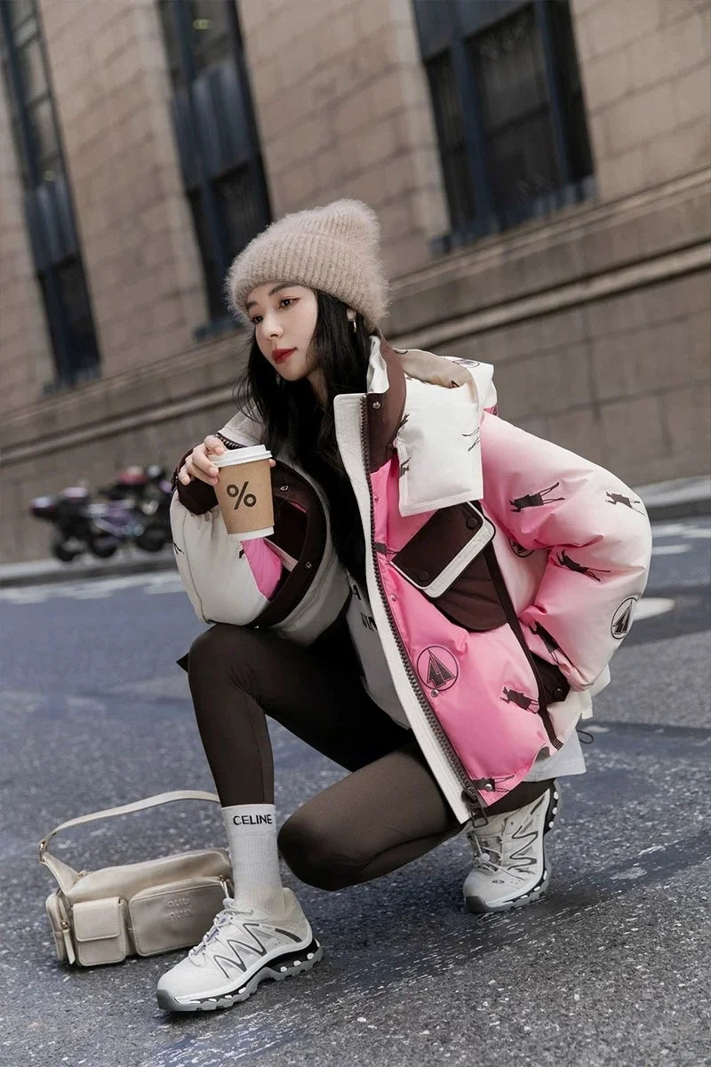 Winter Patchwork Hooded Parkas Jacket Women White Duck Down Puffer Thicken Jacket Women Double Pocket Loose Short Outwears Coat