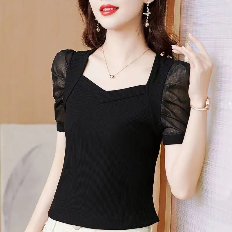 Elegant Women's Sweetheart Neck Puff Sleeve Top Blue Ribbed Slim Fit Short Sleeve Blouse Casual Daily Office Wear T-shirt