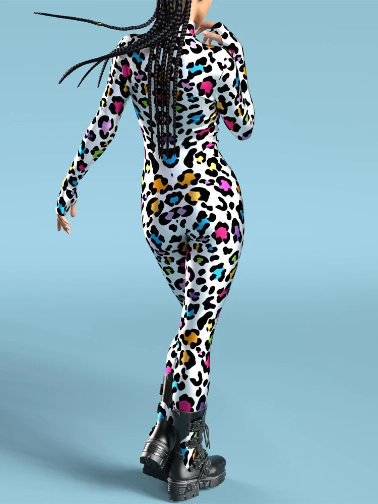 Women Sexy Rainbow Spot Print Jumpsuit Halloween Colorful Spotted Dog Cosplay Bodysuit Festival Theme Party Catsuit Rave Outfits