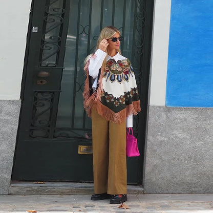 Elegant Printed Women's Shawl Fringed O-Neck Irregular Lady Cape 2026 Spring Summer Fashion Female Tassels Street Wear