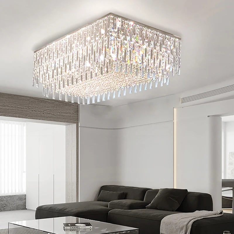 Luxury Crystal Long Pendant Lights Modern Lustres LED Chrome Hanging Lamps for Ceiling Silver Home Decor for Dining Room Remote