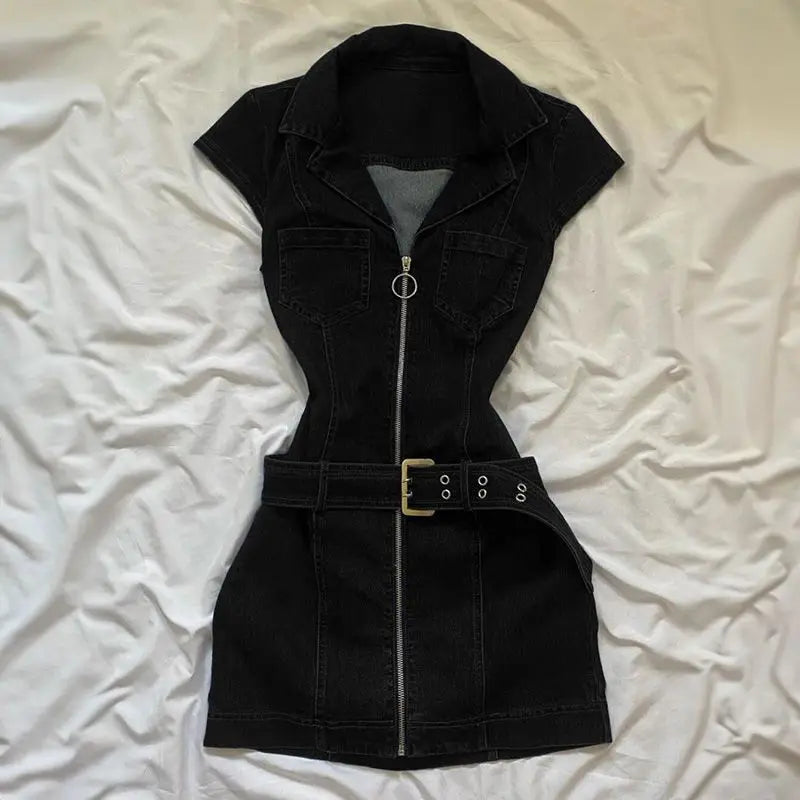 American Retro Black Denim Short Dress Women Summer Zipper Elegant Slim One Piece Dress Korean Fashion Design Casual Clothing