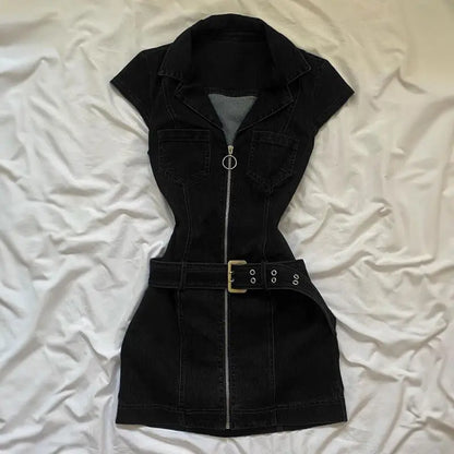 American Retro Black Denim Short Dress Women Summer Zipper Elegant Slim One Piece Dress Korean Fashion Design Casual Clothing