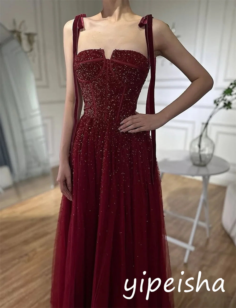 Customized Modern Style Net Sequined Pleat A-line Square Neck Long Dresses Bespoke Occasion Sparkle Casual