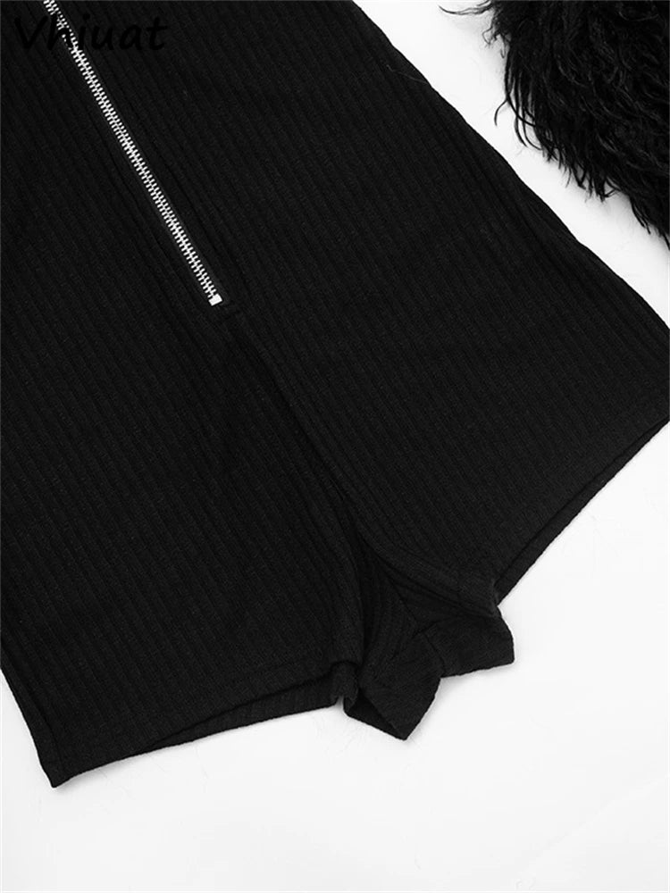 Vhiuat Women Women's Sexy Kintted Faux Fur Slim Playsuits Fashion Streetwear Rompers Fashion One-piece Tops All-match Bodysuit