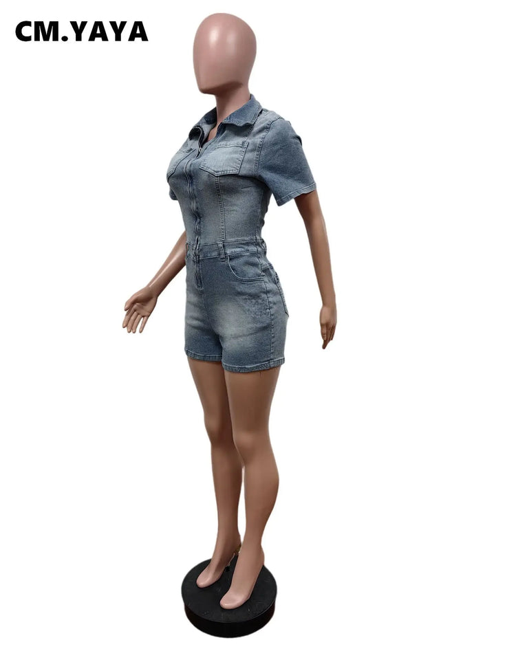 CM.YAYA Women Turn-down Collar Zipper Fly Short Sleeve Denim Jumpsuit 2025 Summer Chic Jeans Romper One Piece Set Playsuit