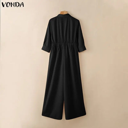 Casual Jumpsuits Plus Size VONDA 2026 Women Long Rompers Elegant Office Lady Overall Patchwork Loose Long Sleeve Playsuits
