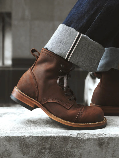 Retro American Amekajie  Boots Large Head High Top Worn Color Work Boots Motorcycle Style Youth Low Heel