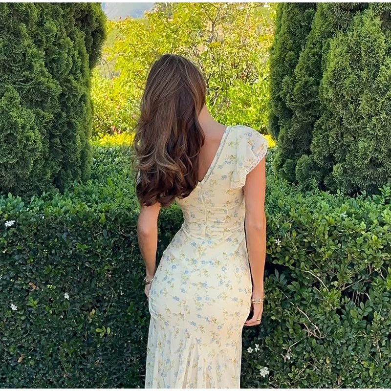 Fashion V-neck Floral Women Maxi Dress Flutter Sleeve Lace Trim High Waist Chiffon Vestidos Summer Female Daily Vacation Dresses