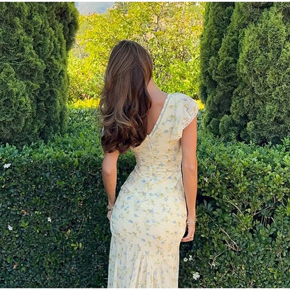 Fashion V-neck Floral Women Maxi Dress Flutter Sleeve Lace Trim High Waist Chiffon Vestidos Summer Female Daily Vacation Dresses