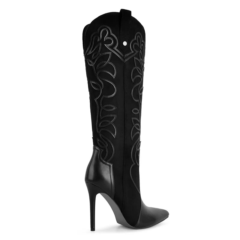 Onlymaker Women Pointed Toe Embroidered  Blue Denim Stiletto Heel Knee High Boots Side Zipper Plus Size Fashion Boots