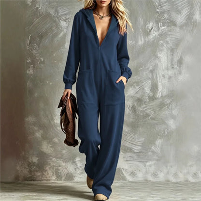 Autumn New Fashion Hooded Zipper Women's Jumpsuit Casual Loose Jumpsuit Straight Pants Pocket Rompers Lazy Female Home Wear 2026