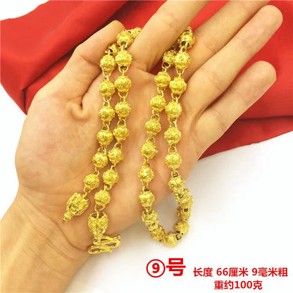 Bold Collection Necklace Men's 24K Gold AU999 - 24K Gold Double Dragon Head Bead, Hexagonal Cloud, Prestige Heirloom
