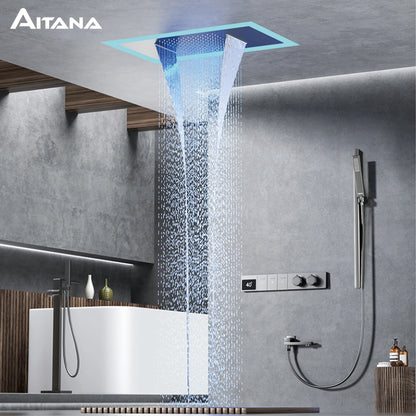 Luxury Brass Gun Gray Ceiling Constant Temperature Shower System LED Digital Display Hot and Cold Water Embedded Bathroom Faucet