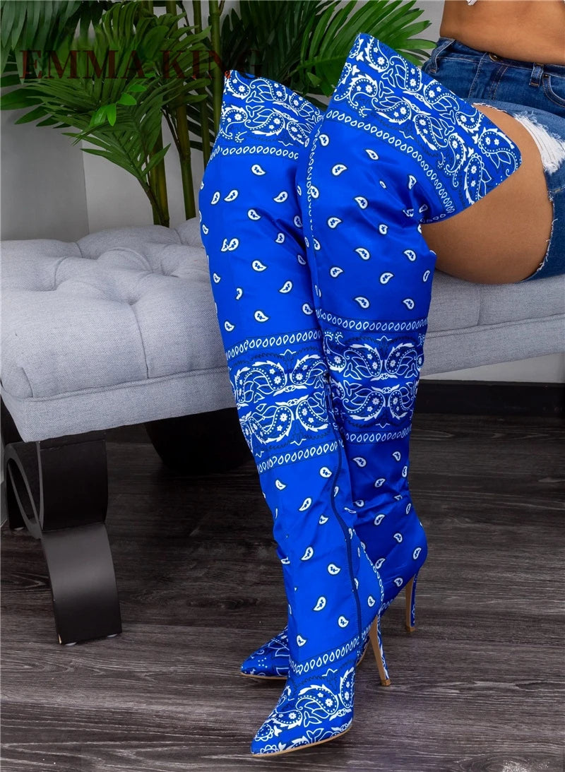 Autumn Winter Women Thigh High Boots Bandana Prints Bad Girl Heels Shoes Pointy Toe Silk Stiletto Botas Altas Mujer Size 35-44